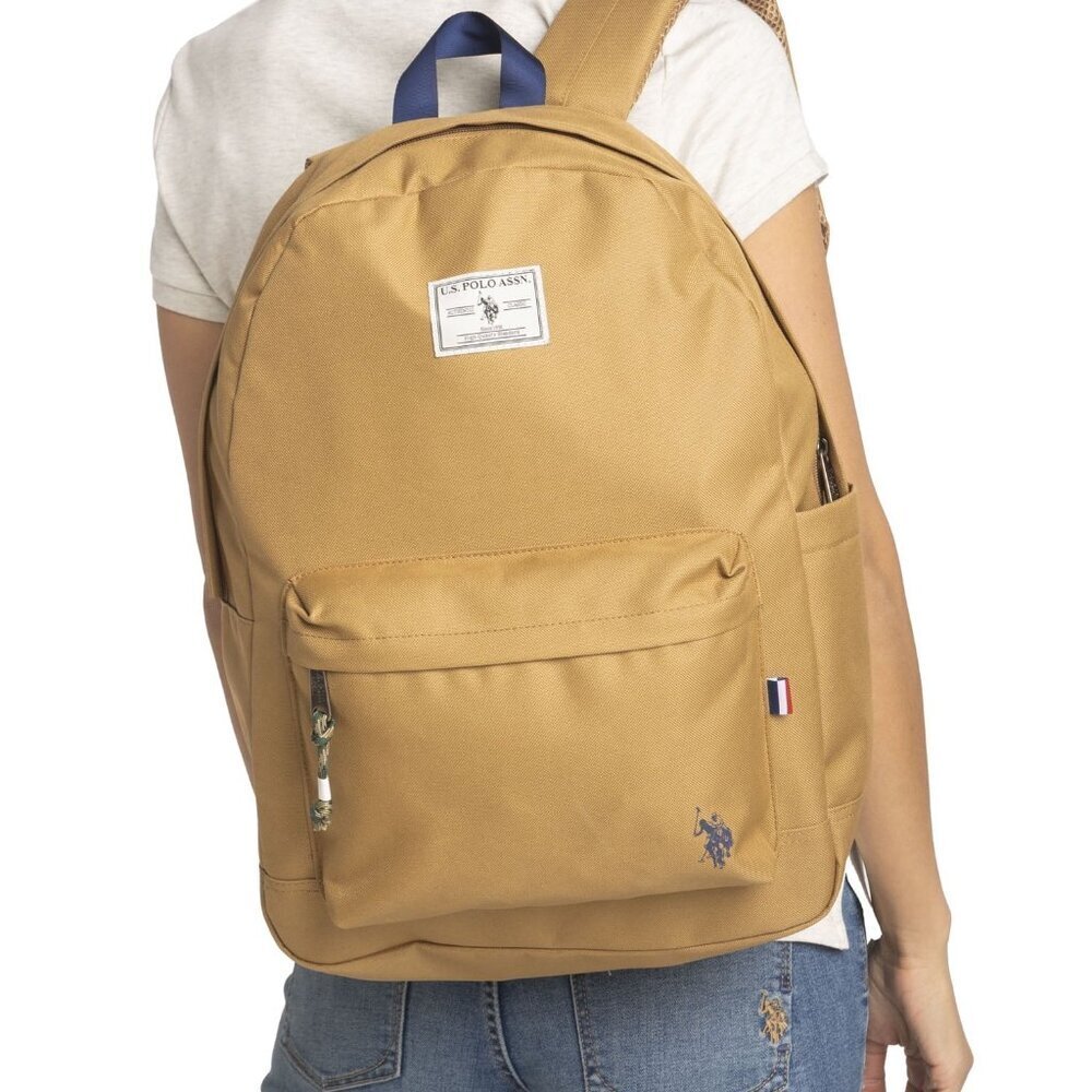 U.S. Polo Assn. Unisex 18" Solid Core Backpack, Khaki & Black, Travel Backpack